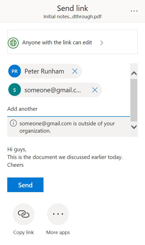 OneDrive Share Window with Message