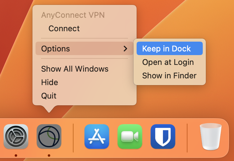 Secure Client Keep in Dock menu