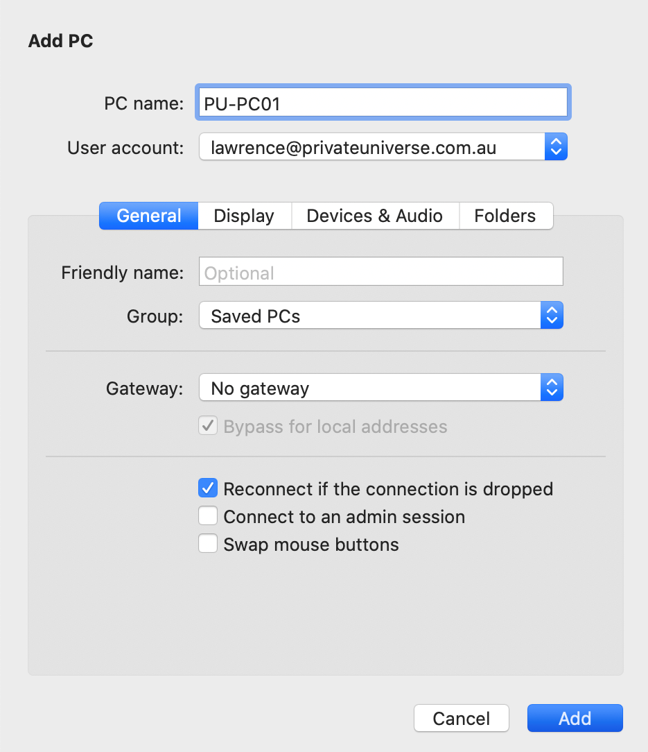 Remote Desktop Mac PC Settings